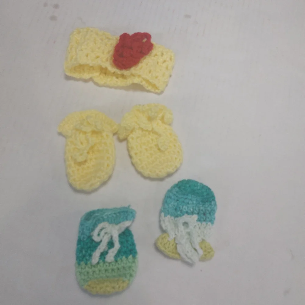 Baby Girl Mitten and Headband. Yellow Red and Blue